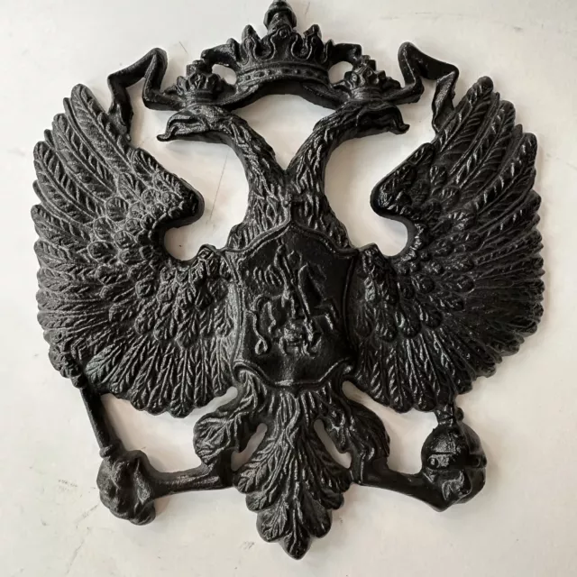 DOUBLE HEADED EAGLE Emblem Black Metal Vtg Medieval Cast Iron Coat of
