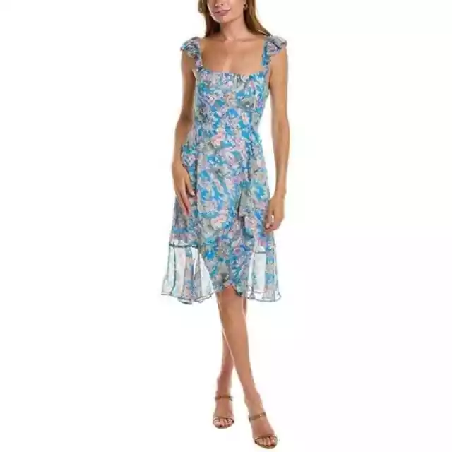 Socialite Blue Floral Print Ruffled Knee Length Faux Wrap Midi Dress Size Large