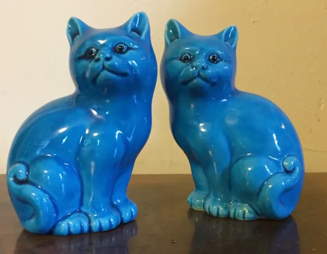 Pair Vintage Chinese Porcelain Cat Figures with Bright Turquoise Blue Glaze