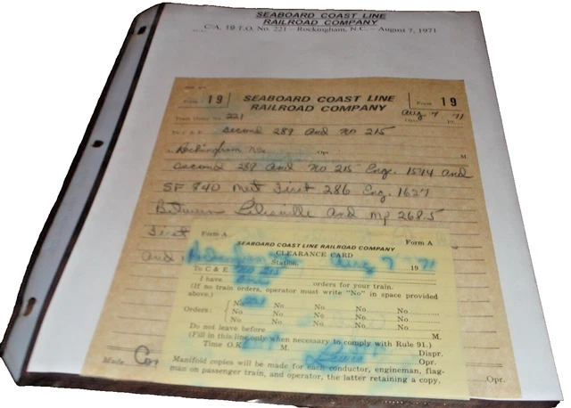 August 1971 Scl Seaboard Coast Line Rockingham North Carolina Train Order Sf840