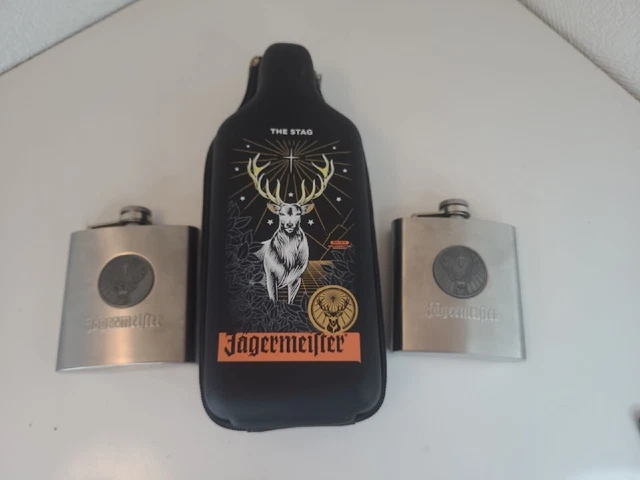 Jagermeister Zippered Bottle Holder and 2 Stainless Steel 6oz Flasks