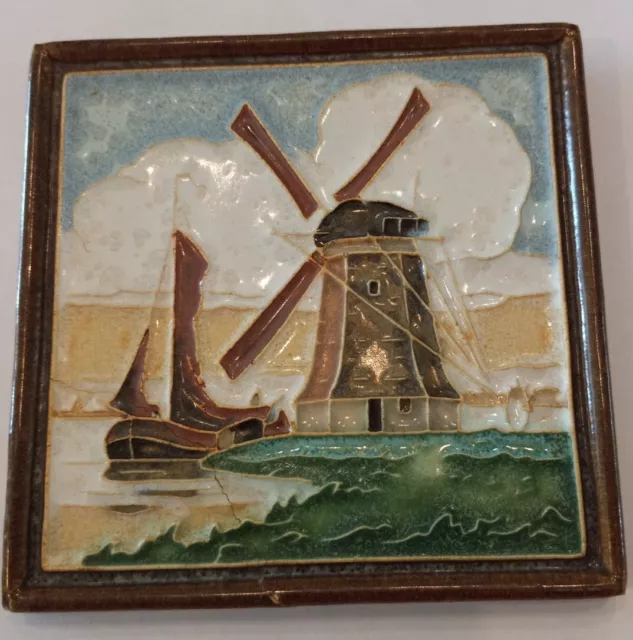 Antique Royal Delft "Porceleyne Fles" Cloisonne Tile Dutch Landscape Wind Mill