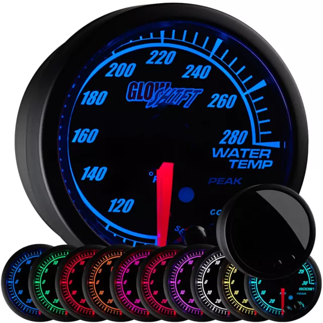 52mm GLOWSHIFT BLACK ELITE 10 COLOR ELECTRIC WATER TEMP GAUGE w WARNING