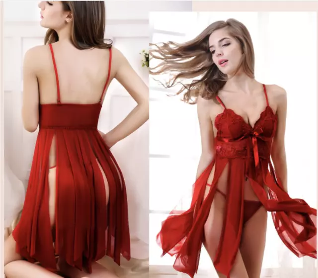 Red Women Sleepwear Satin Nightgown Mini Slip Chemise Wedding