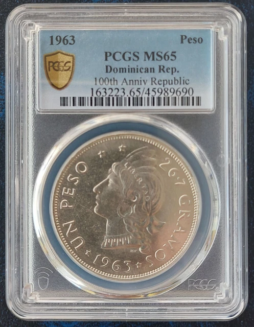 Dominican Republic Silver 1 Peso Unc Coin 1963 Year Km#30 Restoration Pcgs Ms65