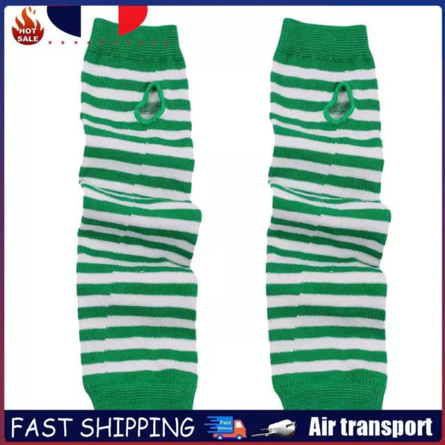 Stripe Long Women Gloves Stretchy Knit Arm Warmer Fingerless Gloves (Green) FR