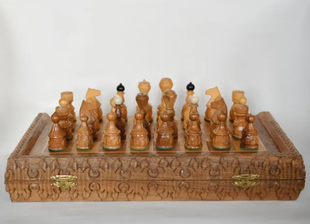 Vintage Yugoslavia Hand Carved Wooden Chess Pieces & Board Set