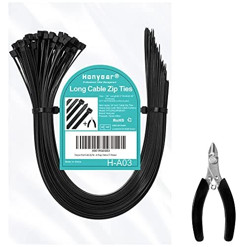 24 Inch Cable Zip Ties Heavy Duty (with Wire Cable Cutters), Strong Large