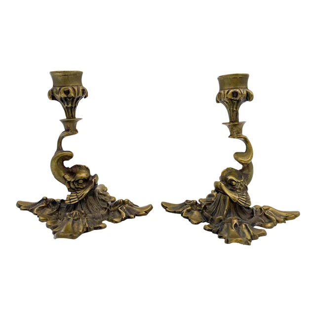 Early 20th Century Brass Dolphin Candlesticks - a Pair 3