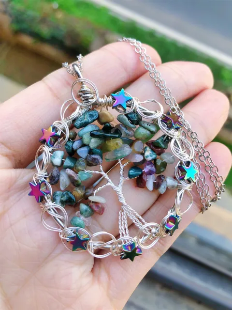 Indian Agate Gem Tree Of Life Water-Drop Necklace Chakra Reiki Healing Amulet