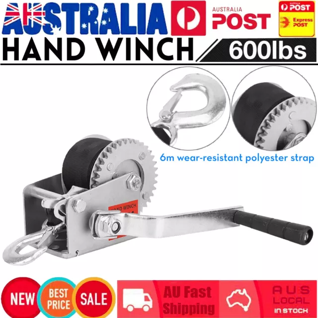 Hand Winch 600lbs Crank Polyester Strap 2 Gear Winch For ATV Boat Trailer 6m