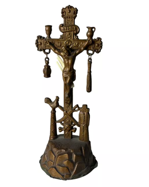 Vintage Unique Crucifix Skull and Cross Bones Swords Cross Altar 9 1/2”