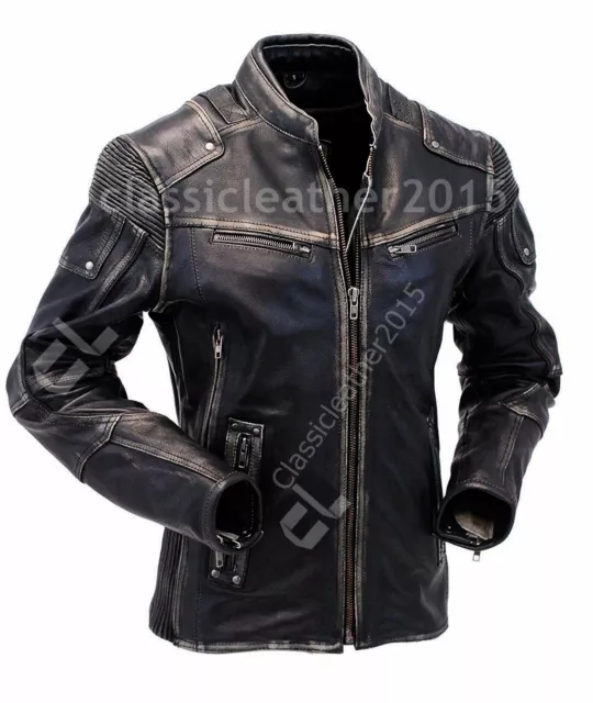 Mens Vintage Rivet Black Distressed Motorcycle Cowhide Leather Jacket