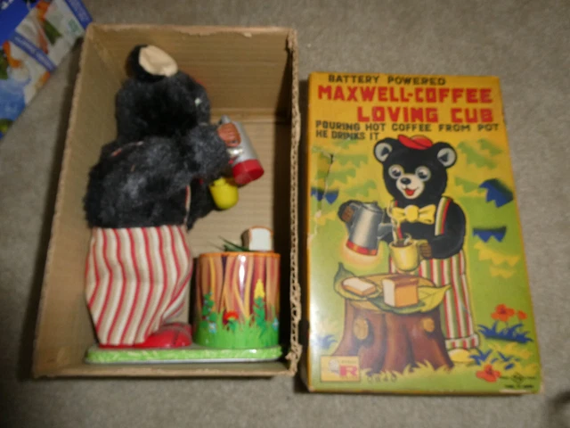 1950'S JAPAN MAXWELL Coffee Loving Bear Battery Operated -Box