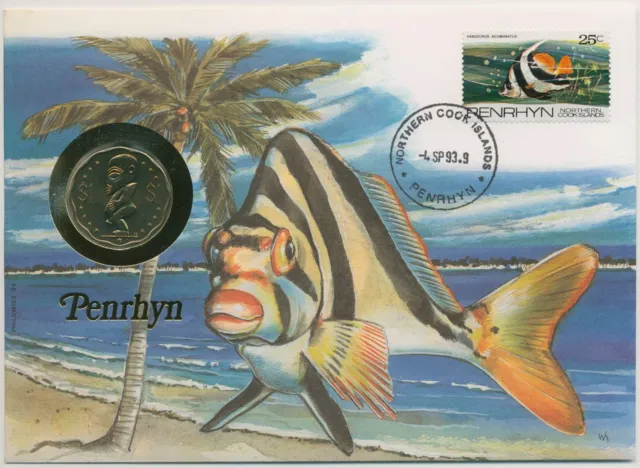 Penrhyn 1993 Küstenlandschaft Fisch Numisbrief mit 1 Dollar Cook-Inseln (N389)