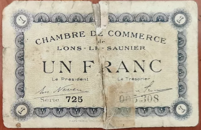 Billet 1 franc Chambre de commerce de Lons le Saunier 1920 nécessité série 725