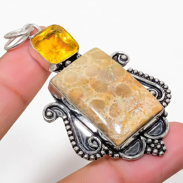 Fossil Coral, Citrine Gemstone 925 Sterling Silver Jewelry Pendant 2.68"