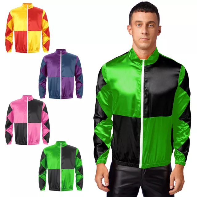 Mens Satin Contrast Jockey Horse Jackets Front Zipper Horse Trainer Costumes