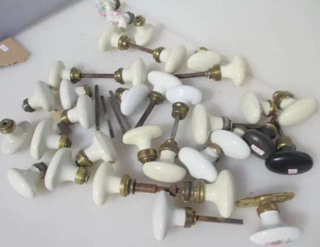 Antique French Brass Ceramic Door Knobs Handles Old Vintage Oval Porcelain  LOT