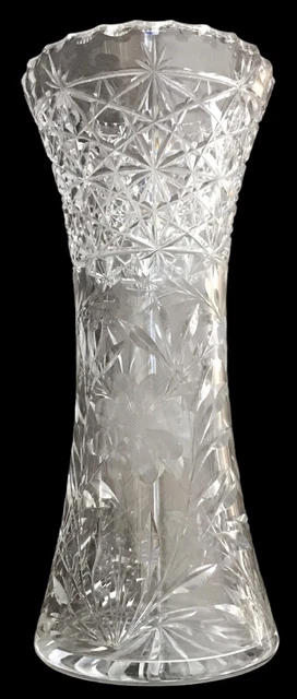 Large ABP American Brilliant Period Cut Crystal Heavy Vase Cross~Cornflower~12”