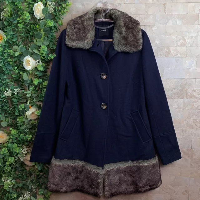 ASOS Faux Fur Coat Jacket UK 6 US 2 • Navy Blue Brown Wool Blend Buttoned