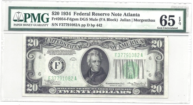 1934 $20 Federal Reserve Note FRN PMG CU 65 EPQ Gem Uncirculated, Atlanta FR2054