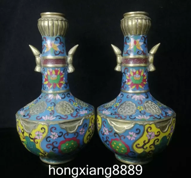 9.8" Old Chinese Cloisonne Enamel Gilt Dynasty Lotus Flower Bottle Vase Pair
