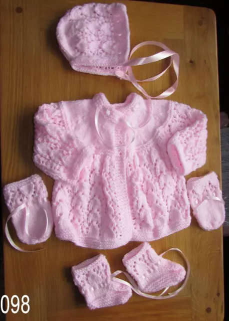 Baby Pink matinee set new 0 to 3 months hand knitted coat bonnet  booties Mitts.