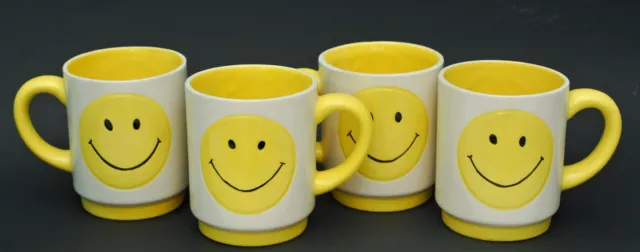 4 Vintage Smiley Face C-Handle Coffee Cups Double Sided Ceramic Stacking Emoji