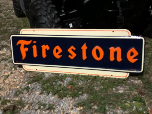 VINTAGE 1947 (FIRSTONE TIRES) LARGE EMBOSSED METAL SIGN (48"x 16") EXC CONDITION