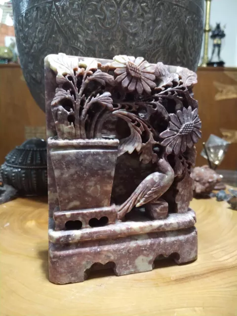 Antique vintage 1920s hand carved Chinese soapstone bookend. bird & flowers