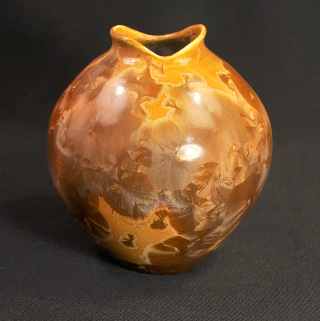 ShaJa Crystalline Glaze 5 3/4" Round Vase Hand Thrown Potter Wheel Brown Gold R5