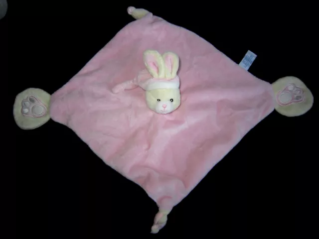 Doudou carré plat rose Lapin écru avec bonnet Gipsy empreintes