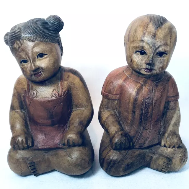 VINTAGE HAND CARVED Wooden Statues Boy Girl Asian Influenced Figures Pair  8 $19.58 - PicClick