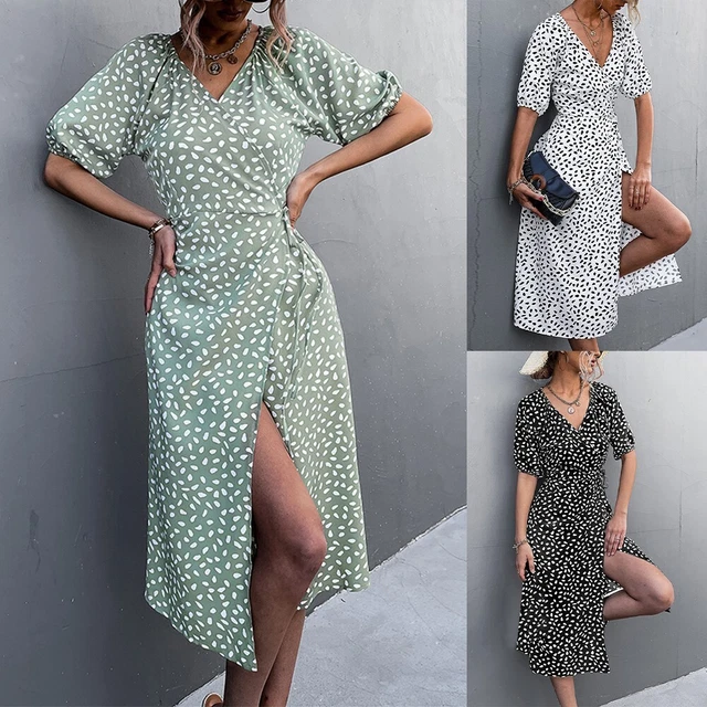 Elegante abito da donna collo a V a pois con maniche puff e fessura stringata bi