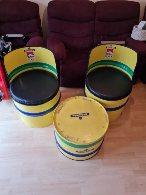 Ayrton Senna themed oil drum seats and table