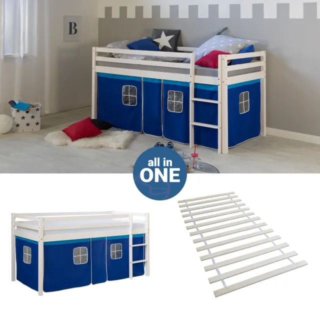 Lit superposé 90x200 Lit d'enfant mezzanine Lattes Bois Rideau Bleu Homestyle4u