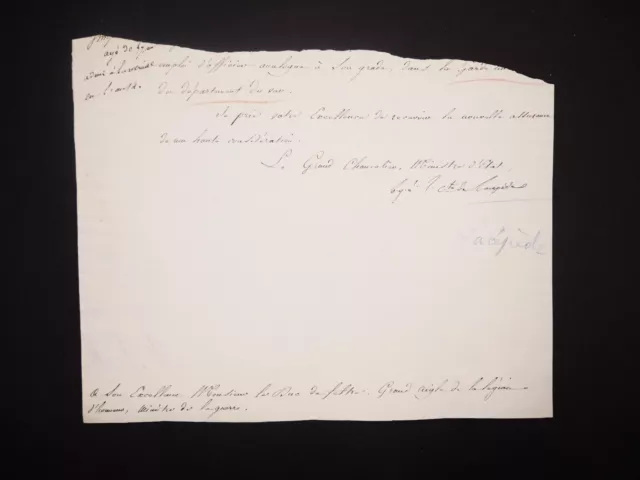 Bernard-Germain de Lacépède - Fragment de lettre autographe au duc de Feltre