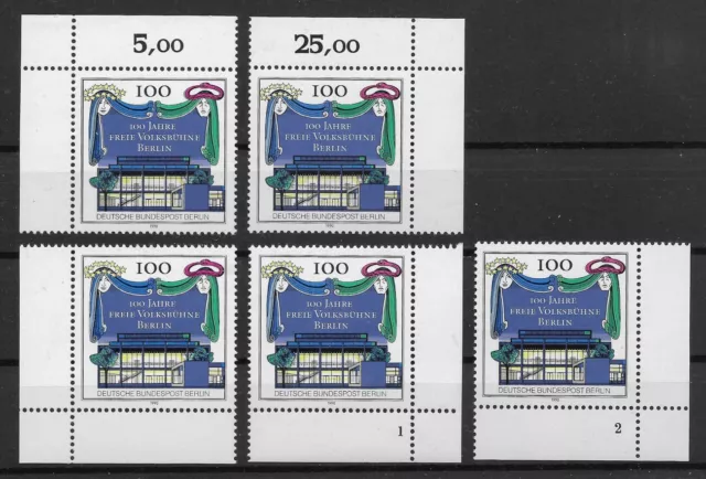 Berlin 1990 ** 5x Mi 866 Volksbühne Eckrand jede Ecke Formnummer 1+2 Fn1+2 0420D