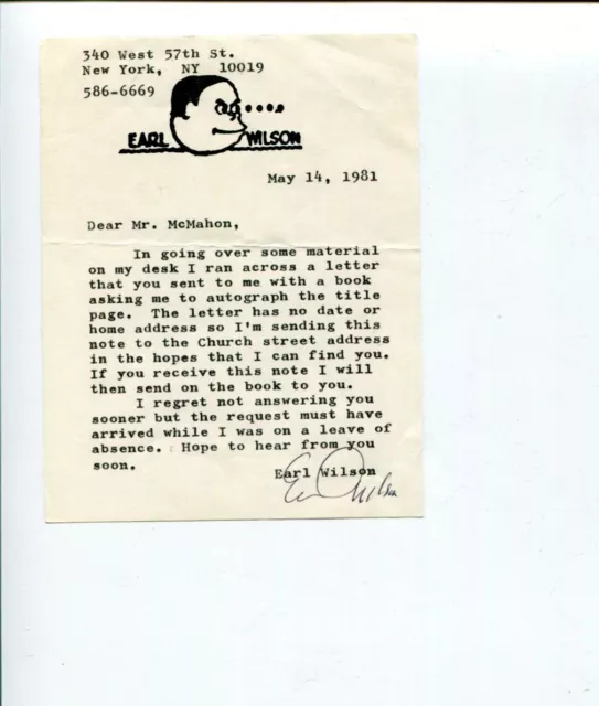 Earl Wilson Broadway Author Copacabana Beach Blanket Bingo Signed Autograph Note