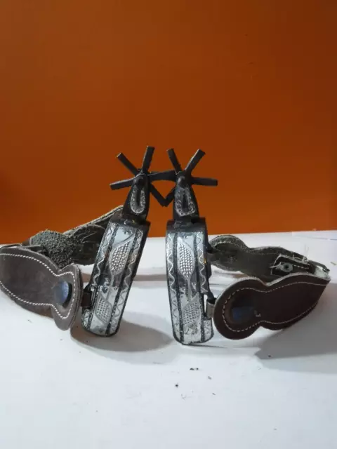 Silver Inlayed Mexican Spurs,  Rowel Spurs plus leather straps, Used, Vintage