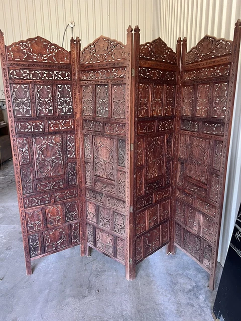 Vintage Ornate Hand Carved Asian Screen Divider 80" Wide