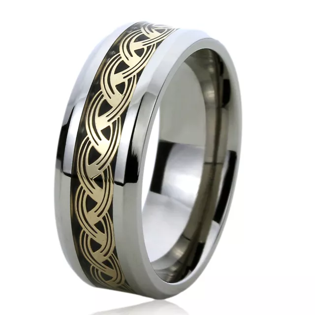 Men Women  Engraving 8MM Titanium Wedding Band Ring Gold Tone Celtic Knot