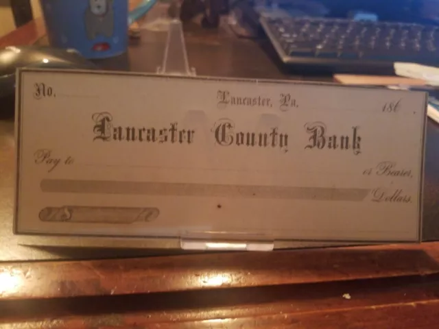 Vintage UNUSED 1860s Lancaster, Pa County Bank Check