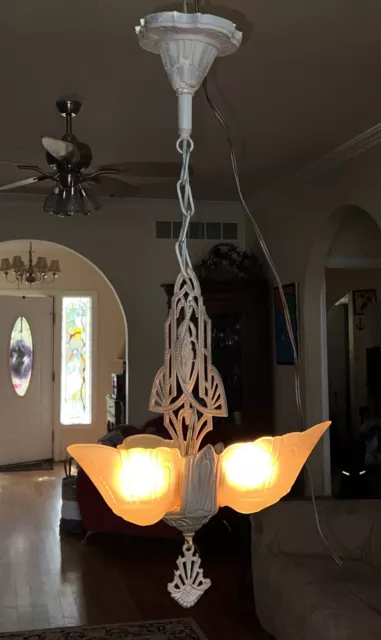 Antique Art Deco Metal Glass 3 Slip Shade Hanging Lamp Chandelier Light Fixture
