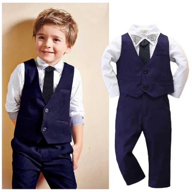 Toddler Baby Boys Gentleman Outfits Long Sleeve Tie Tops Pants Vest Clothes Set
