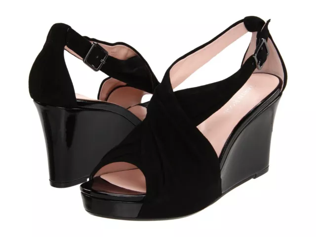 NEW Taryn Rose Shelly Black Suede Patent Leather Wedge Heel Sandal Women 9 M NIB