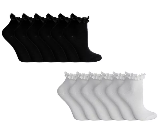 3 Pair Ladies Trainer Ankle Socks Girls Frilly Lace Top Women Kid Back To School