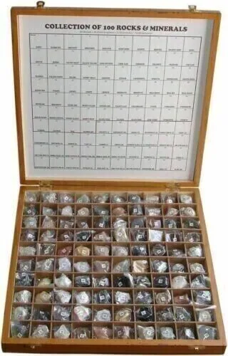 Rocks and Minerals specimen collection 100 in Wooden Box.