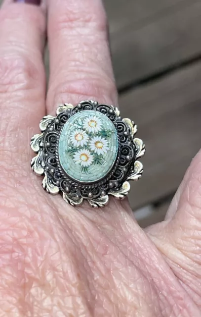 OOAK Micro Mosaic Adjustable Ring Daisy Floral Green Silver Tone